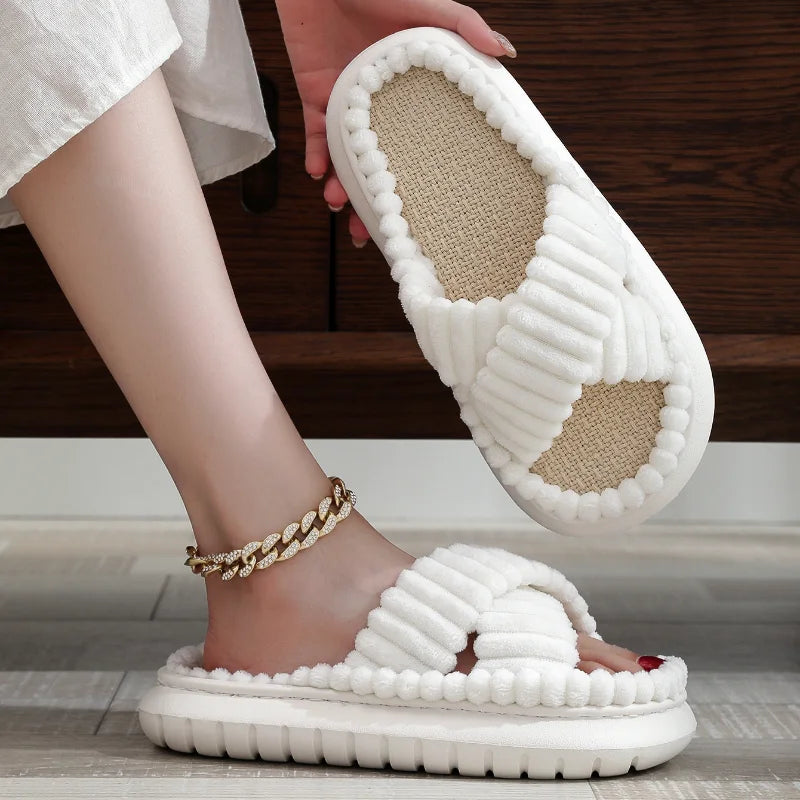 Open-Toe Cross Band Linen Soled Indoor Slippers