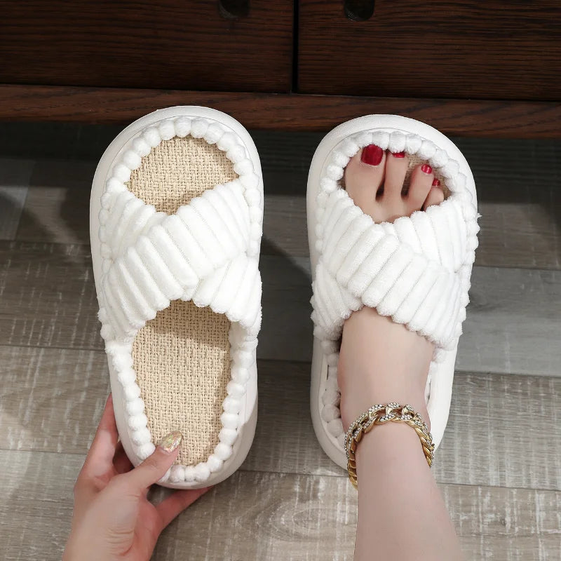 Open-Toe Cross Band Linen Soled Indoor Slippers