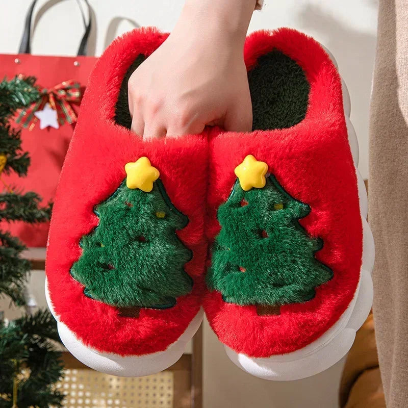 Cute Christmas Tree Women's Home Fluffy Slippers