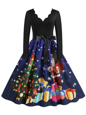 Women Long Sleeve Elegant Vinatge Christmas Party Sundress