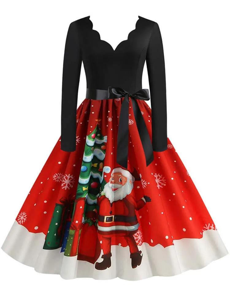 Women Long Sleeve Elegant Vinatge Christmas Party Sundress